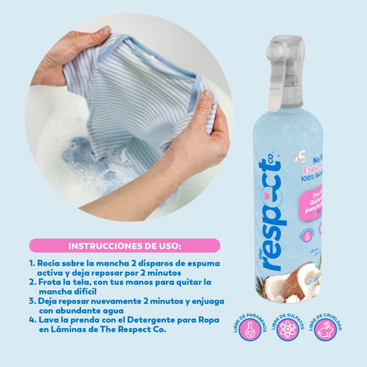 Pre-Lavador para Ropa de Bebé - The Respect Co ® - No Tóxico 100% - Biodegradable - Espuma Activa - 495 ml
